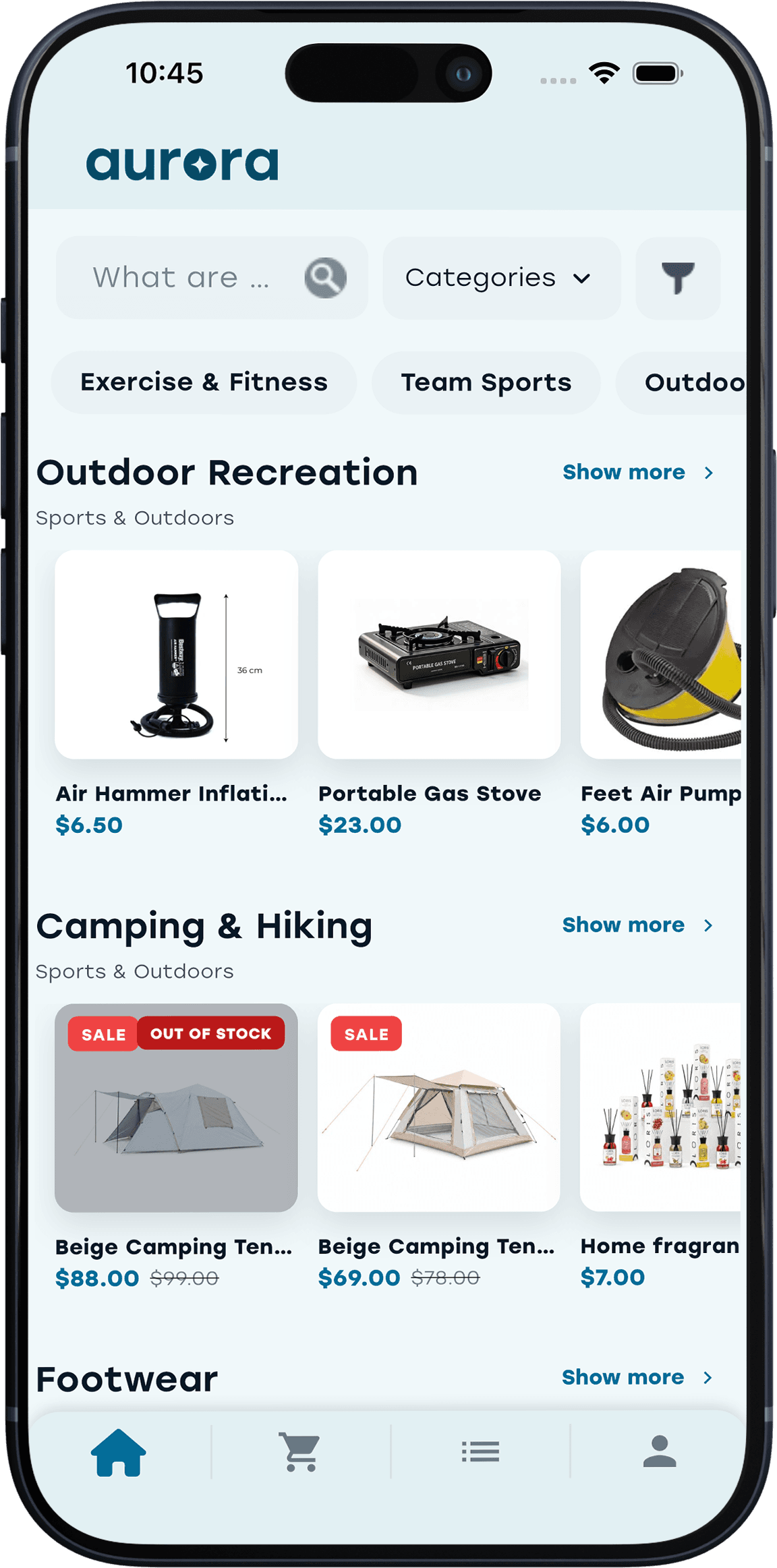 Aurora Shop mobile application shown on a phone
