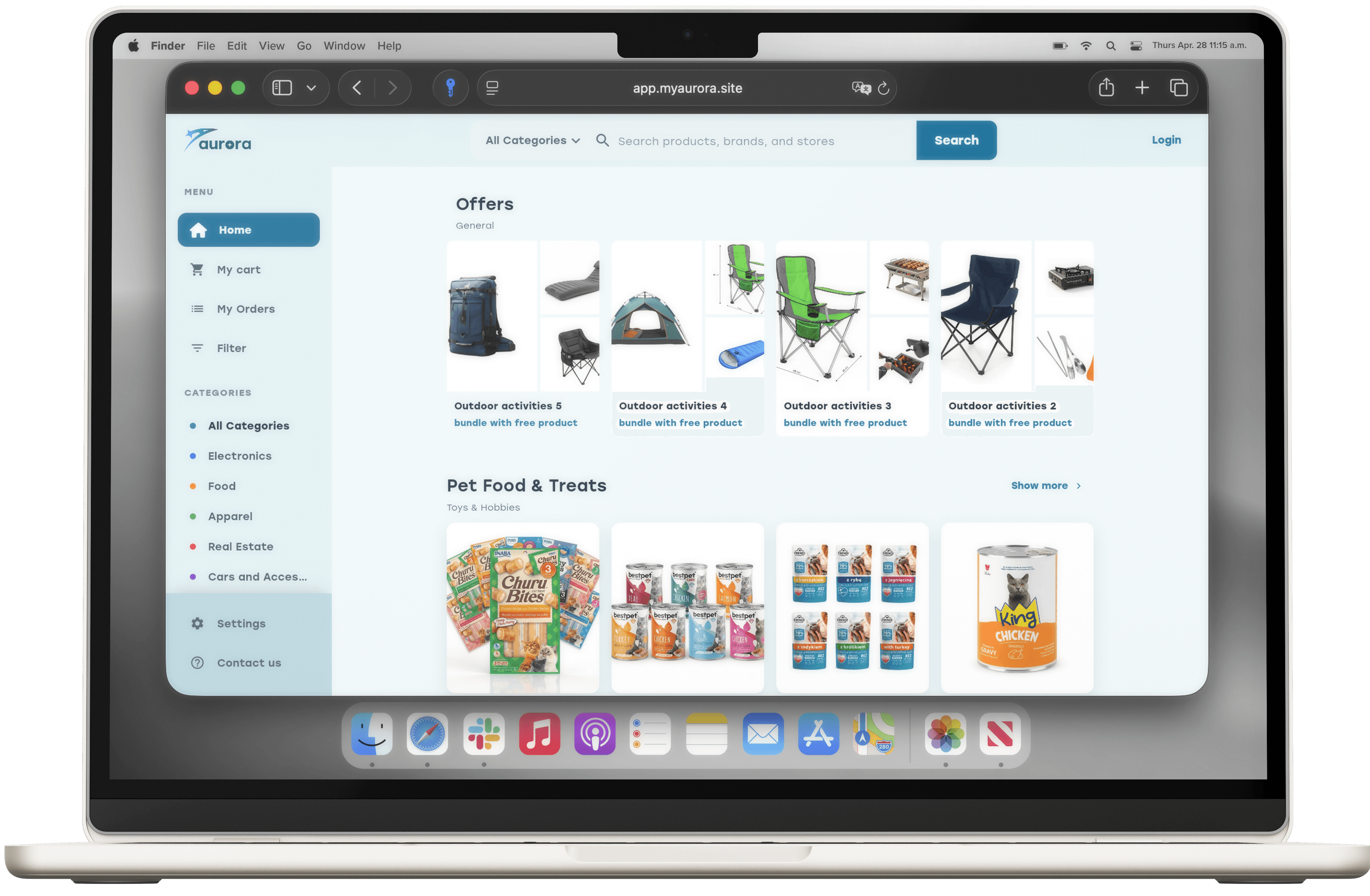 Aurora Shop browser marketplace shown on a laptop